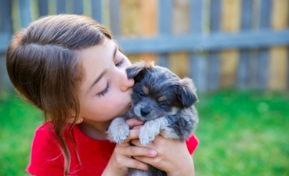 child kissing puppy