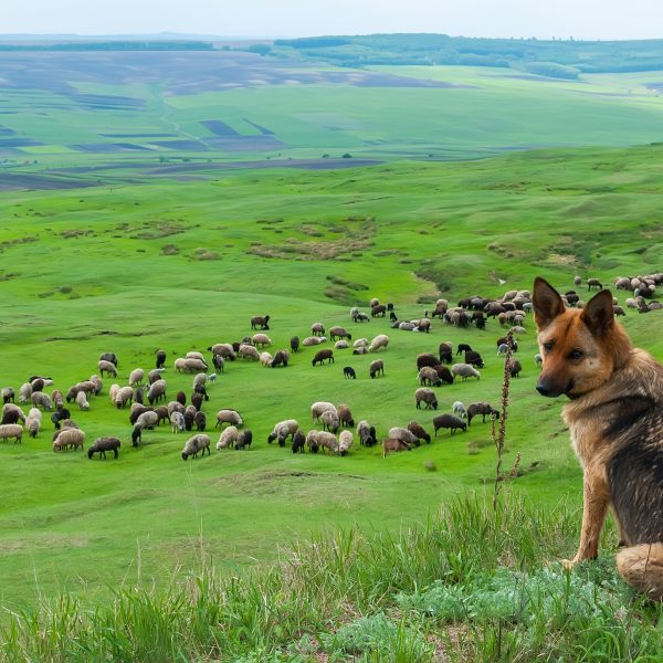 german shepherd guarding a flock of sheep