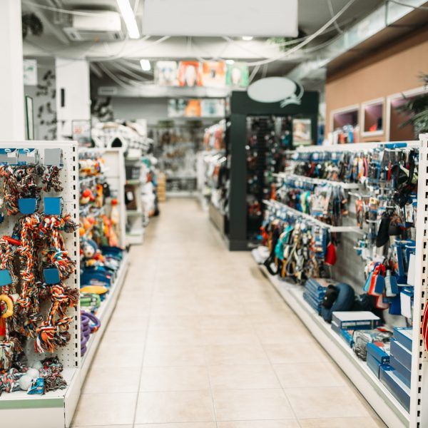 aisles in a pet supply store